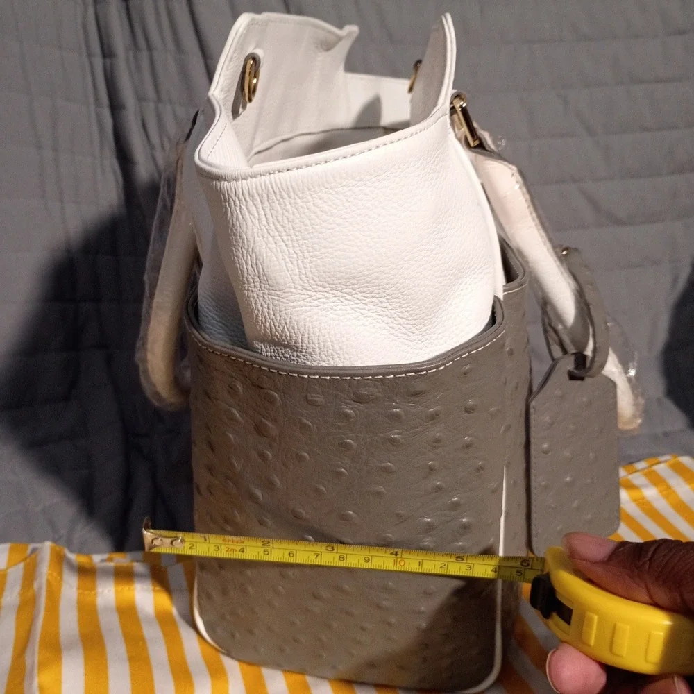 RoviMoss Girlfriend Satchel Grey White Ostrich Embossed Leather Handbag